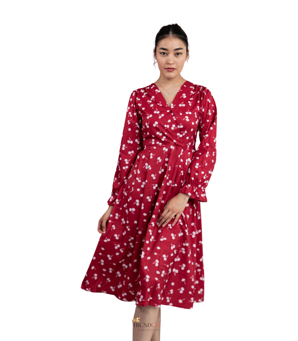 Trendelle – Elegant Cherry Print Long Dress in Korean Vintage Style – Spring 2025, Slim Waist, Long Sleeves